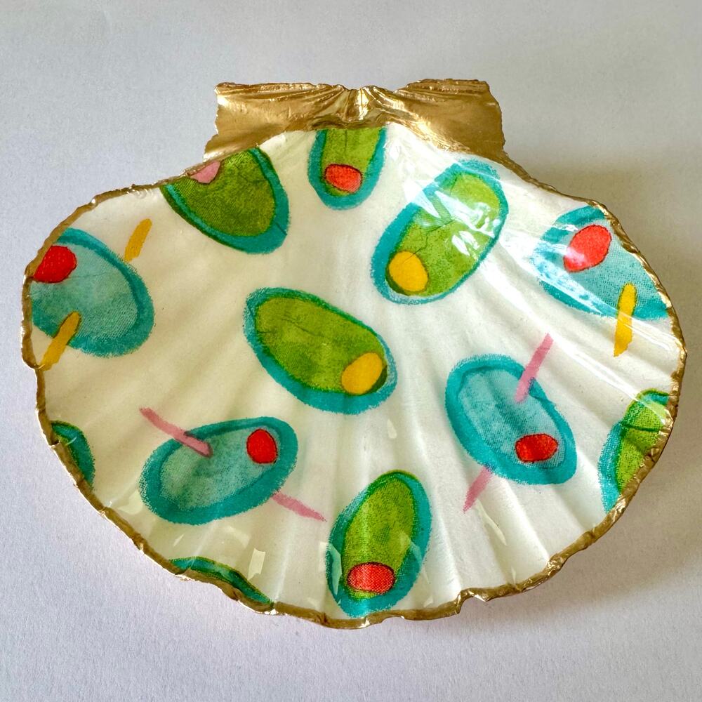 Olive Martini Shell Trinket Dish Gold Edge Ring Dish Bar Cart Hostess Gift - Picture 3 of 5